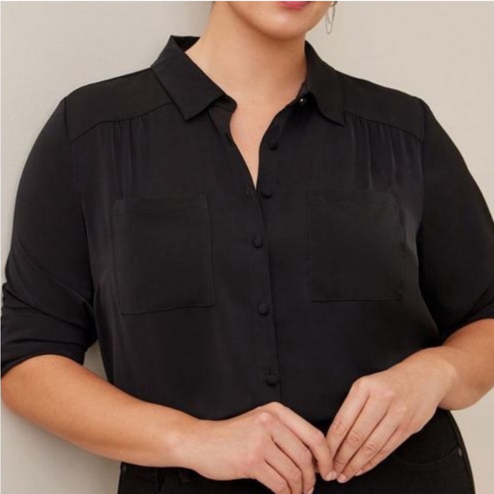 NWT Torrid Black Madison Crepe de Chine Button-Front Long Sleeve Top Size 0X